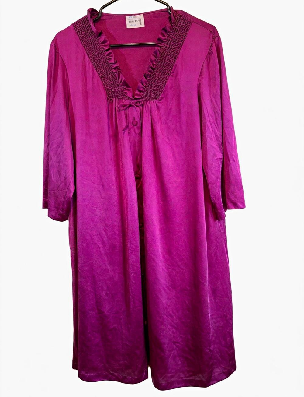 Vintage JCPenney Purple Nylon Robe Smocked Ruffle Neckline Womens L